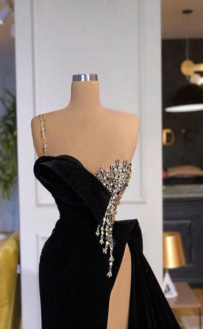 RP537-Gorgeous Black Mermaid One Shoulder Beads Crystals Sleeveless Velvet Long Prom Evening Dresses Formal Party Gowns With Slit