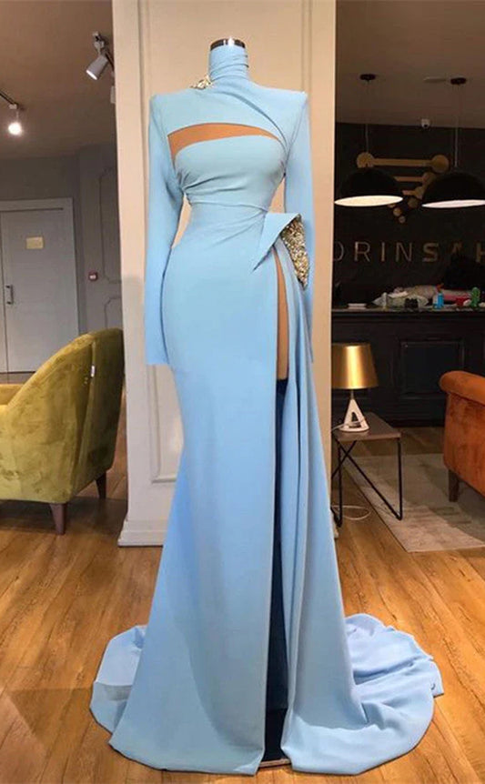 RP324-Sky Blue Sheath/Column High Neck Beads Long Sleeves Prom Evening Dresses Formal Party Gowns With Slit