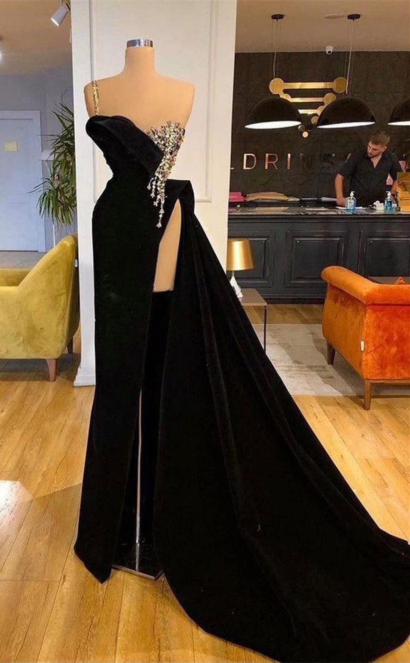 RP537-Gorgeous Black Mermaid One Shoulder Beads Crystals Sleeveless Velvet Long Prom Evening Dresses Formal Party Gowns With Slit