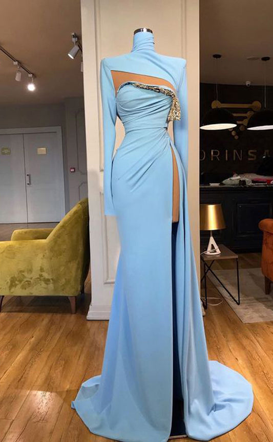 RP325-Sky Blue Sheath/Column High Neck Beads Long Sleeves Prom Evening Dresses Formal Party Gowns With Slit