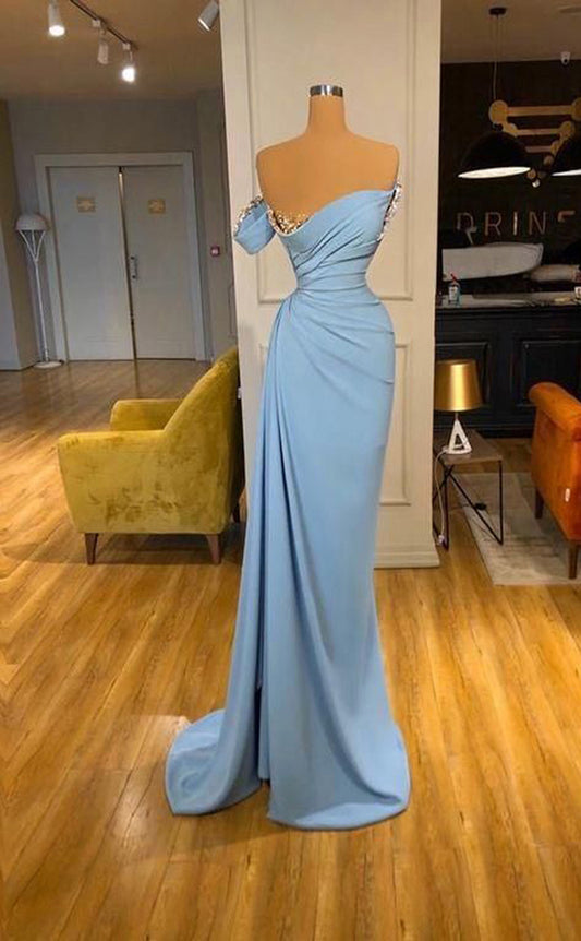 RP327-Sky Blue Sheath/Column Strapless Beads Long Sleeves Prom Evening Dresses Formal Party Gowns With Slit