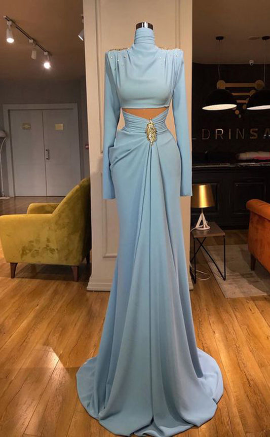 RP328-Sky Blue Sheath/Column High Neck Beads Long Sleeves Prom Evening Dresses Formal Party Gowns