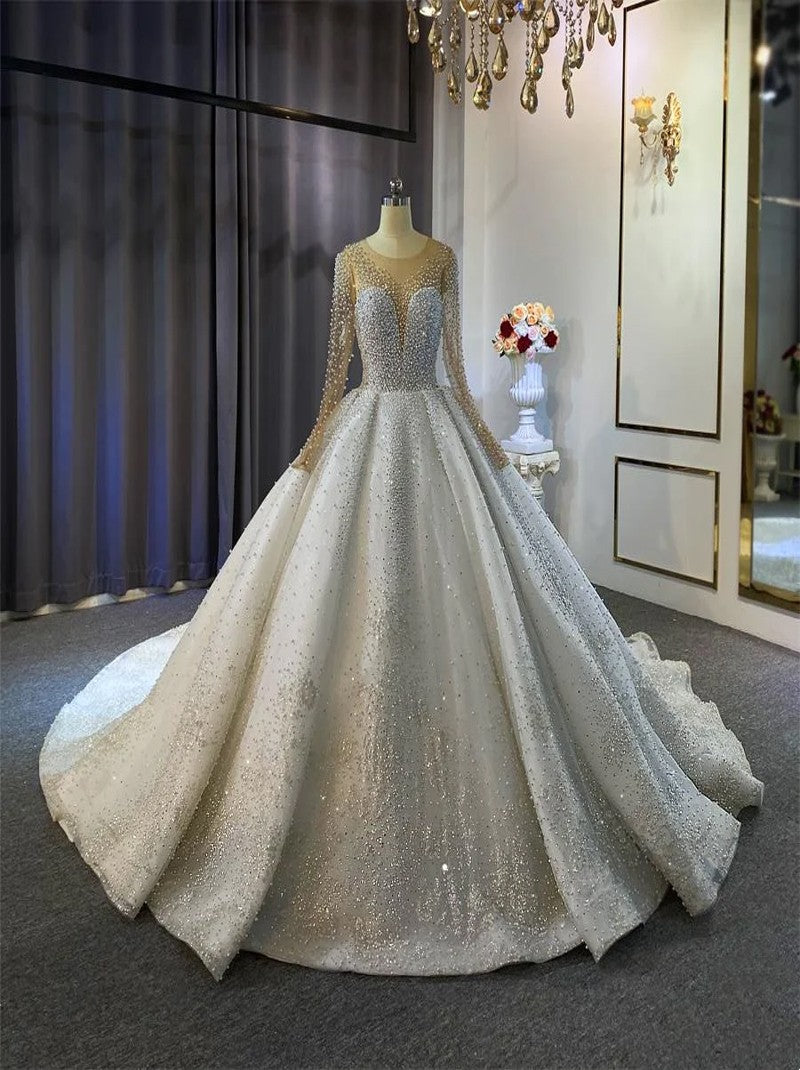 Sparkling Ball Gown Wedding Dresses Scoop Beads Crystals Illusion Long Sleeves Tulle Court Train Bridal Gowns Custom Made