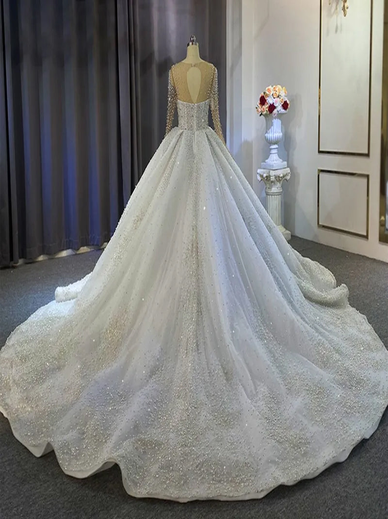 Sparkling Ball Gown Wedding Dresses Scoop Beads Crystals Illusion Long Sleeves Tulle Court Train Bridal Gowns Custom Made