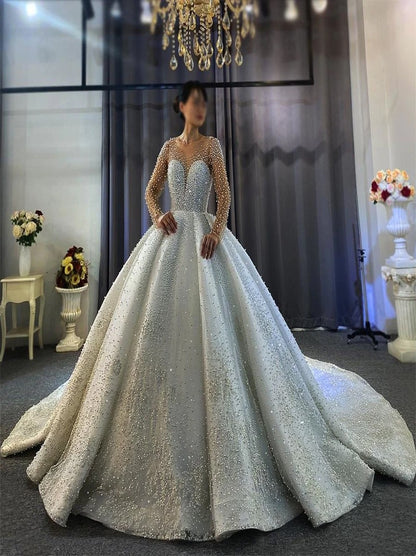 Sparkling Ball Gown Wedding Dresses Scoop Beads Crystals Illusion Long Sleeves Tulle Court Train Bridal Gowns Custom Made