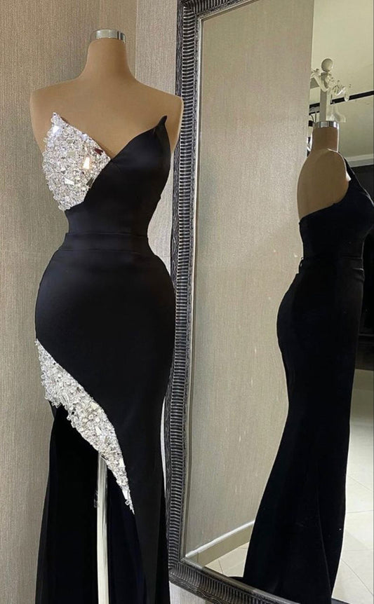 RP536-Gorgeous Black Mermaid Sweetehart Beads Crystals Sleeveless Floor Length Prom Evening Dresses Formal Party Gowns
