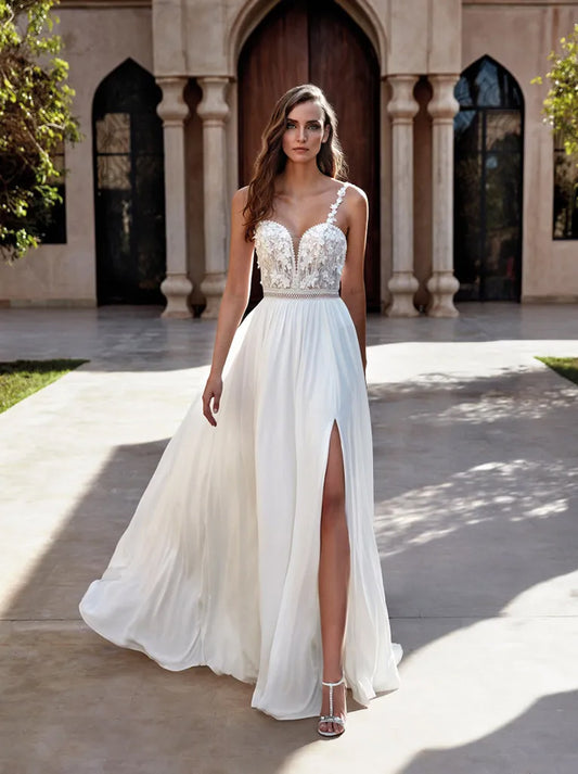 Simple & Elegant A-Line Wedding Dresses Spaghetti Appliqued Chiffon Sweep Train Bridal Gowns With Slit