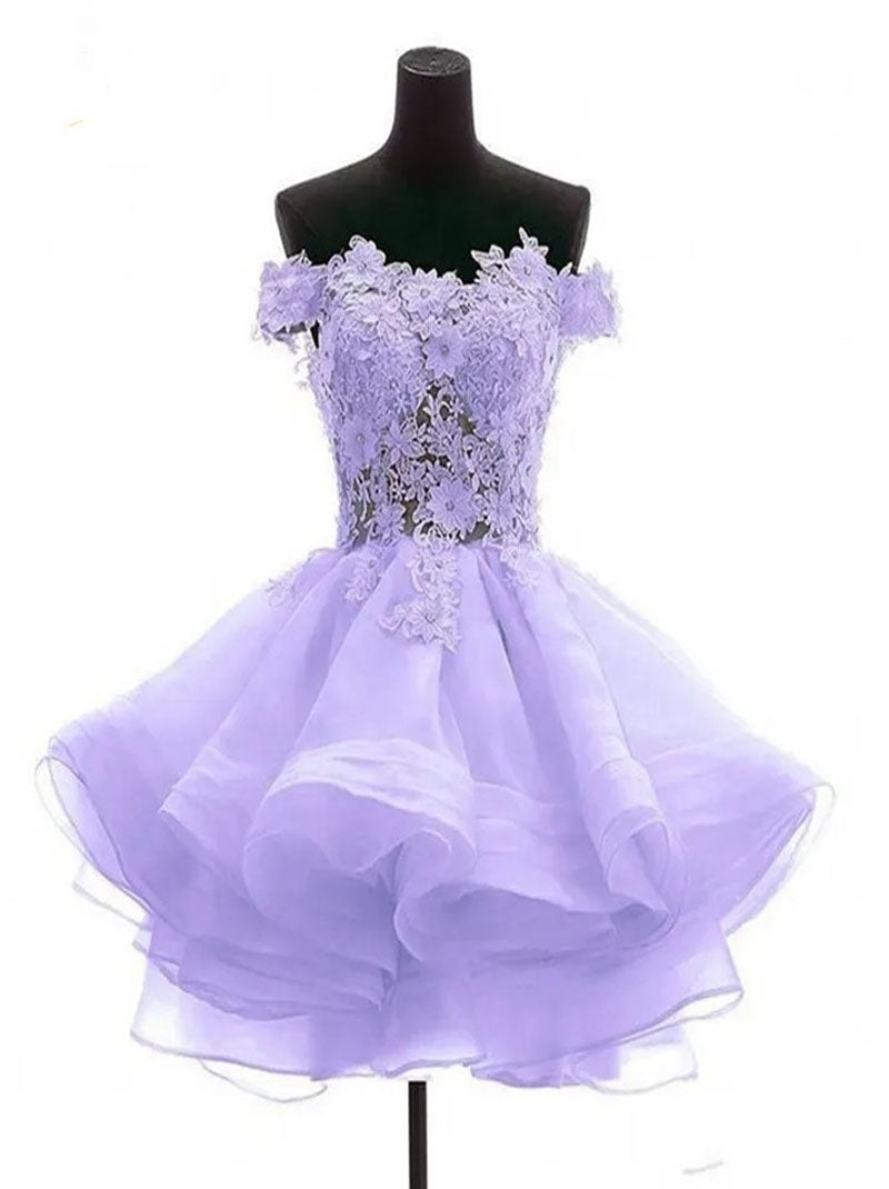 New Lovely Lilac A-Line Sweetheart Off Shoulder Flowers Appliques Beaded Ruffles Organza Short Prom Homecoming Dresses Graduation Dresses Formal Party Gown