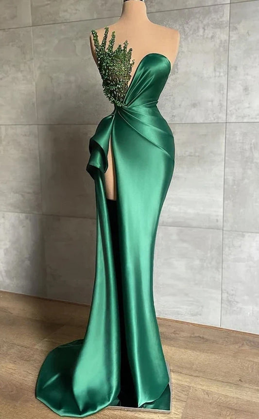 RP368-Green Mermaid Sweetheart Beaded Sequins Sleeveless Long Prom Evening Dresses Formal Party Gowns With Side Slit