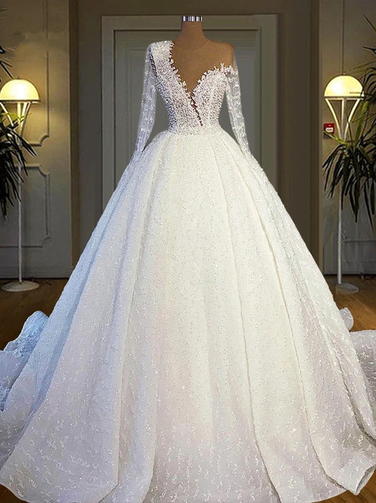 Luxury Ball Gown Wedding Dresses Long Sleeves Beaded Tulle Lace Crystal Sweep Train Bridal Gown