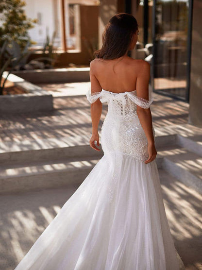 Modern & Gorgeous Mermaid Boho Wedding Dresses Off The Shoulder Sequins Appliqued Organza Sweep Train Bridal Gowns
