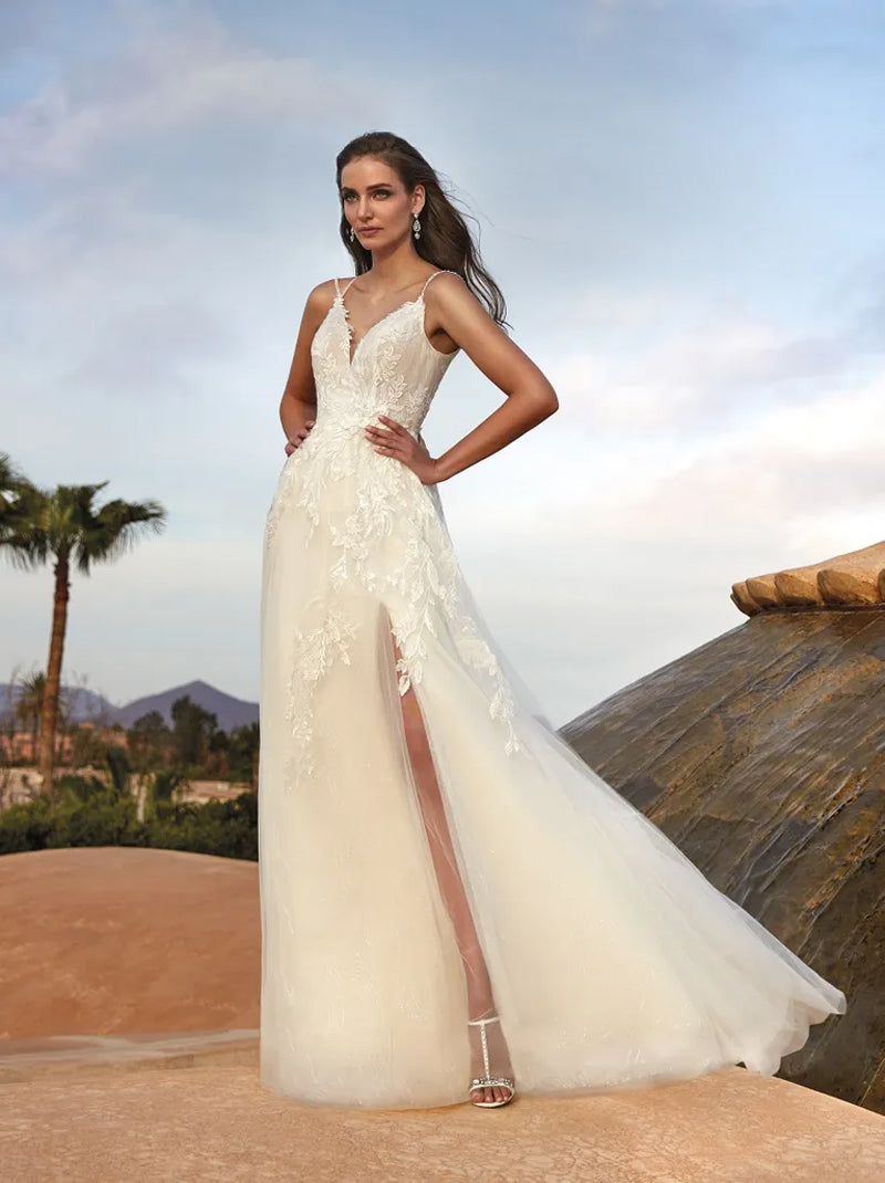 Simple & Elegant A-Line Wedding Dresses Spaghetti Appliqued Chiffon Sweep Train Bridal Gowns With Slit