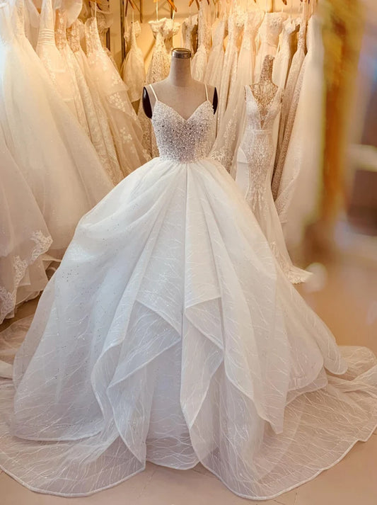 Charming Ball Gown Wedding Dresses Spaghetti Pearls Sequins Backless Sweep Train Tulle Bridal Gowns Custom Made