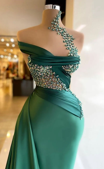 RP539-Gorgeous Green Mermaid High Neck Sequins Ruched Sleeveless Long Prom Evening Dresses Formal Party Gowns