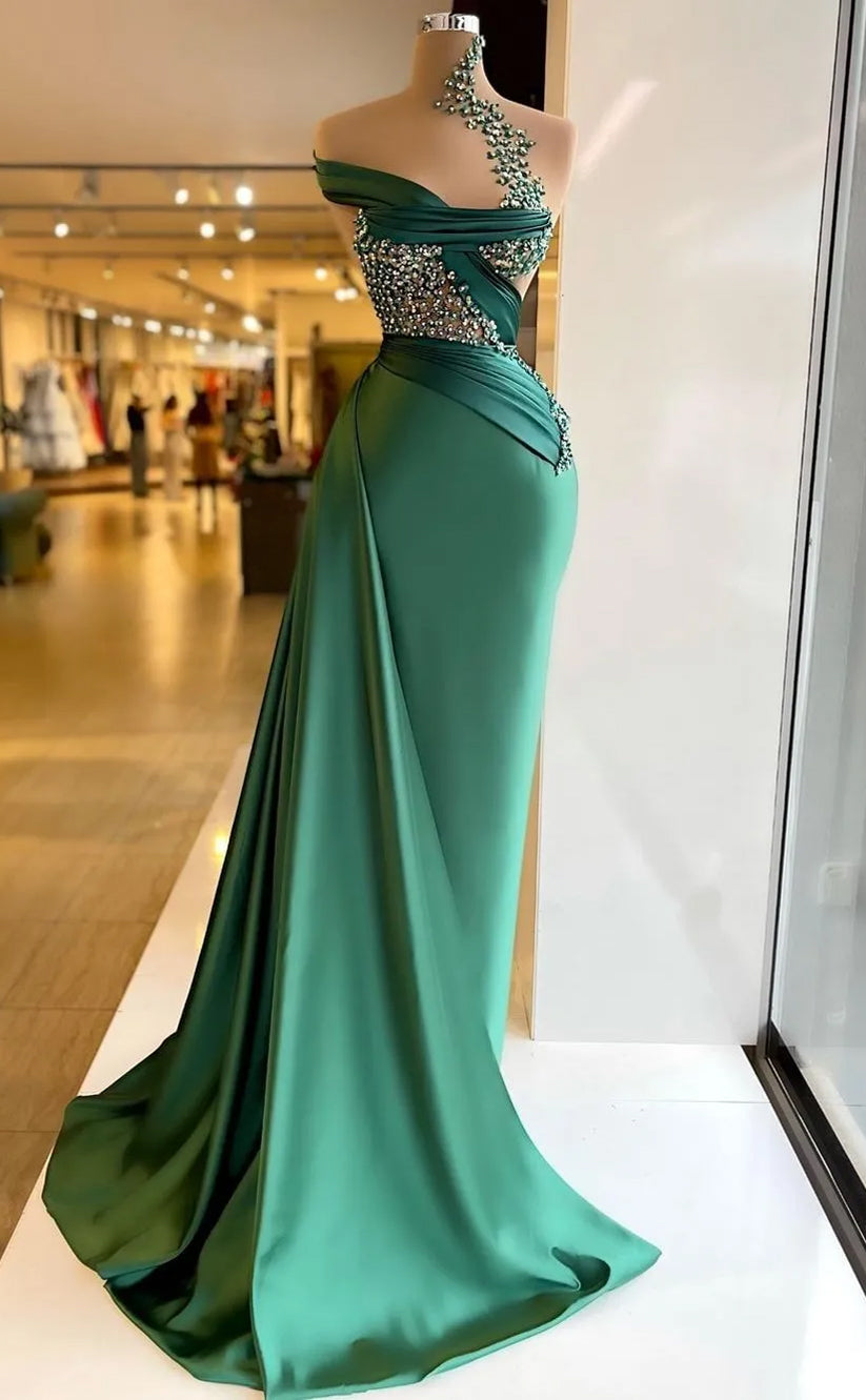 RP539-Gorgeous Green Mermaid High Neck Sequins Ruched Sleeveless Long Prom Evening Dresses Formal Party Gowns