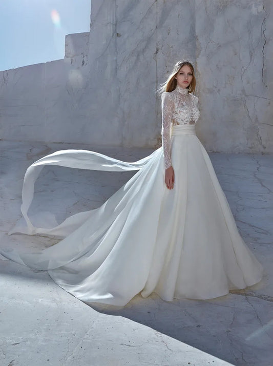 Gorgeous & Elegant A-Line Wedding Dresses High Collar Appliqued Long Sleeves Satin Sweep Train Bridal Gowns Custom Made