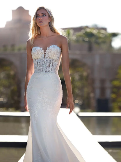 Simple & Elegant Mermaid Wedding Dresses Sweetheart Appliqued Tulle Sweep Tulle Bridal Gowns Custom Made