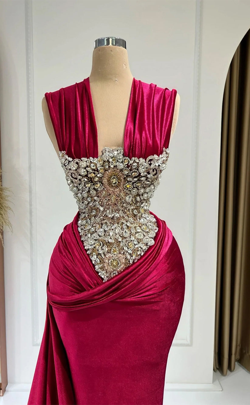 RP333-Red Mermaid V-Neck Beaded Crystals Pleated Sleeveless Velvet Prom Evening Dresses Formal Party Gowns