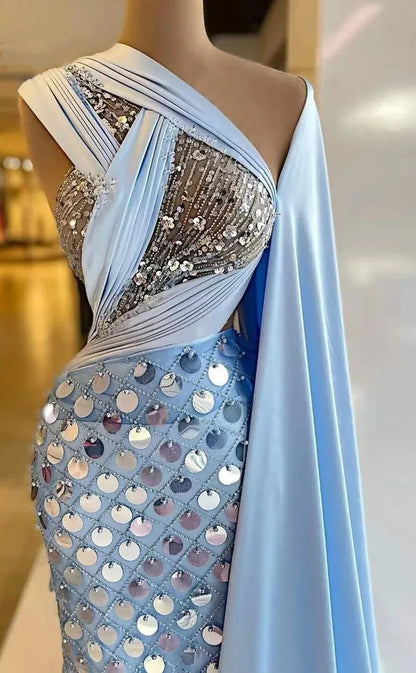 RP540-Elegant Sky Blue Mermaid One Shoulder Sequins Ruched Sleeveless Long Prom Evening Dresses Formal Party Gowns