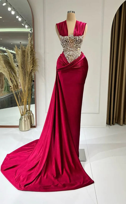 RP333-Red Mermaid V-Neck Beaded Crystals Pleated Sleeveless Velvet Prom Evening Dresses Formal Party Gowns