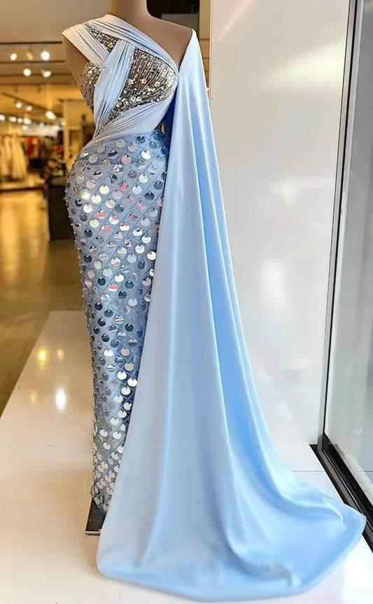 RP540-Elegant Sky Blue Mermaid One Shoulder Sequins Ruched Sleeveless Long Prom Evening Dresses Formal Party Gowns