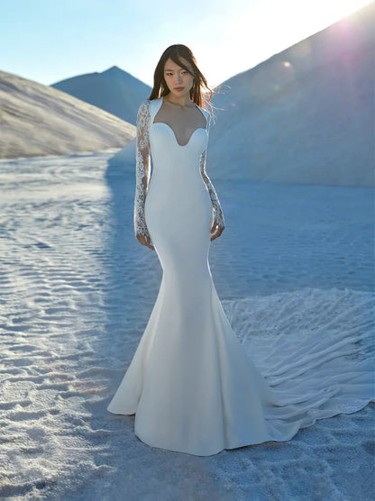 Gorgeous & Sexy Mermaid Wedding Dresses Sweetheart Appliqued Long Sleeves Satin Court Train Bridal Gowns Custom Made