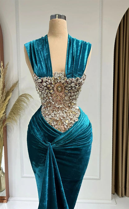 RP332-Peacock Blue Mermaid V-Neck Beaded Crystals Pleated Sleeveless Velvet Prom Evening Dresses Formal Party Gowns