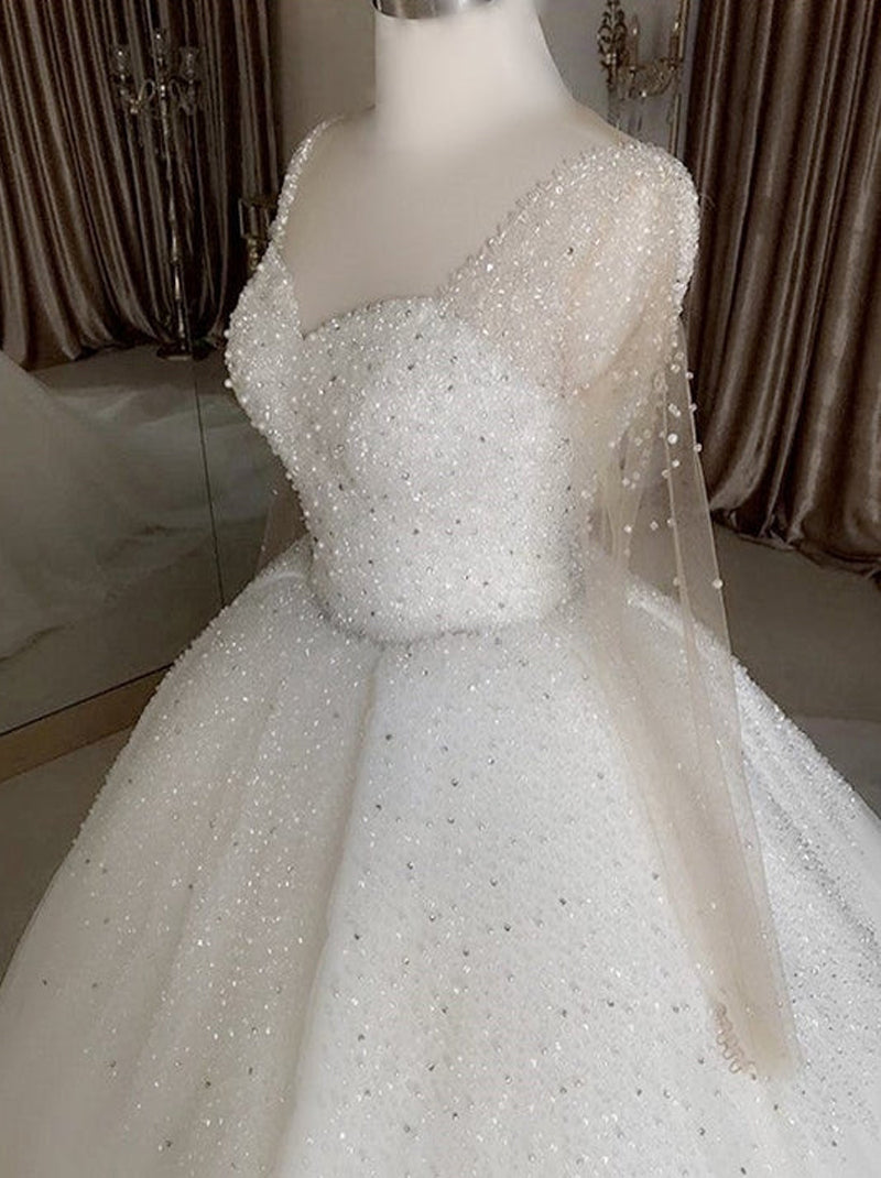 Modern Ball Gown Wedding Dresses Sweetheart Beads Crystals Illusion Long Sleeves Lace Up Tulle Bridal Gowns Custom Design