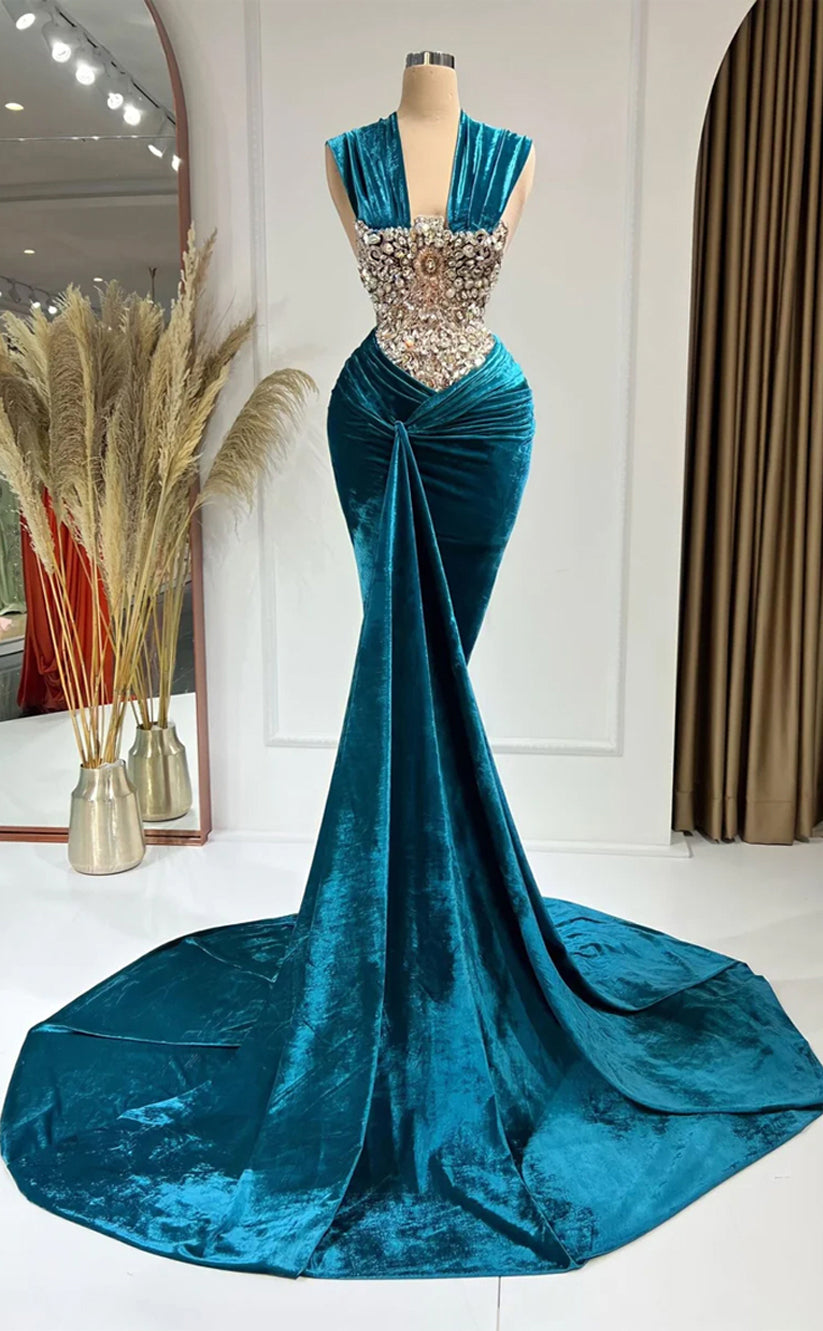 RP332-Peacock Blue Mermaid V-Neck Beaded Crystals Pleated Sleeveless Velvet Prom Evening Dresses Formal Party Gowns