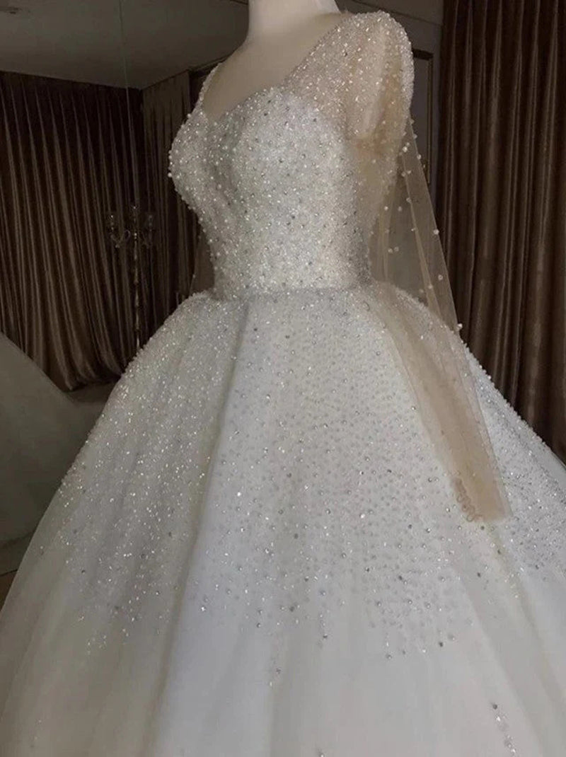 Modern Ball Gown Wedding Dresses Sweetheart Beads Crystals Illusion Long Sleeves Lace Up Tulle Bridal Gowns Custom Design