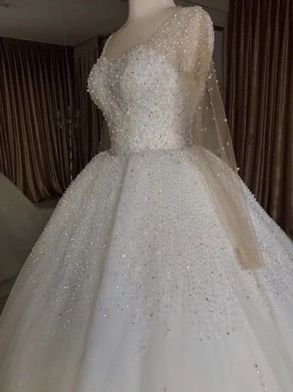 Modern Ball Gown Wedding Dresses Sweetheart Beads Crystals Illusion Long Sleeves Lace Up Tulle Bridal Gowns Custom Design