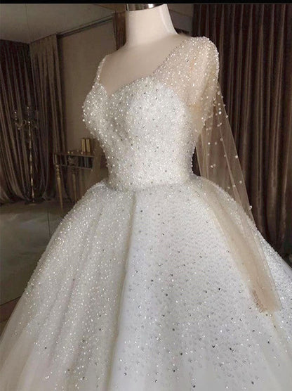 Modern Ball Gown Wedding Dresses Sweetheart Beads Crystals Illusion Long Sleeves Lace Up Tulle Bridal Gowns Custom Design