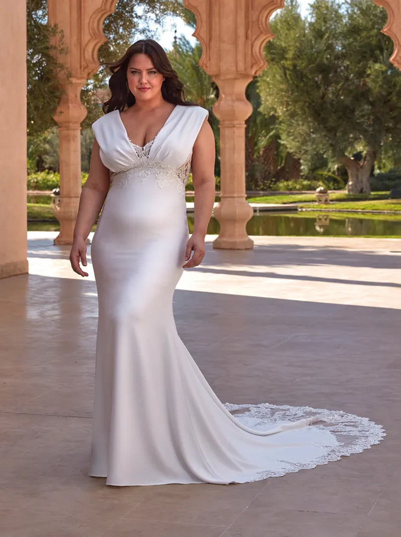 Gorgeous & Classic Mermaid Wedding Dresses V-Neck Appliqued Satin Court Train Bridal Gowns Custom Made