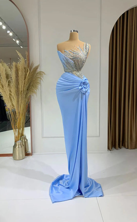 RP334-Sky Blue Mermaid Strapless Beaded Crystals Pleated Sleeveless Prom Evening Dresses Formal Party Gowns With Handmade Flower