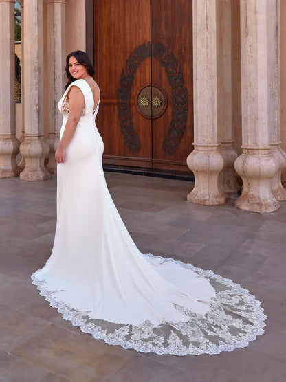 Gorgeous & Classic Mermaid Wedding Dresses V-Neck Appliqued Satin Court Train Bridal Gowns Custom Made