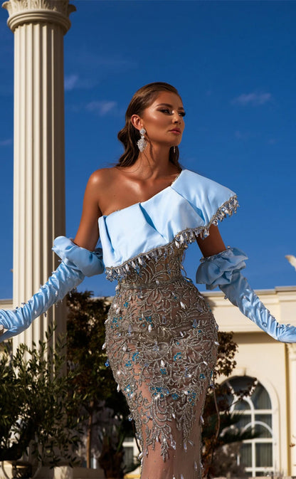 RP335-Sky Blue Mermaid One Shoulder Beaded Crystals Appliqued Detachable Long Sleeves Prom Evening Dresses Formal Party Gowns