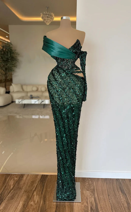RP541-Gorgeous Green Mermaid Sweetheart Sequins Ruched Long Sleeves Floor Length Prom Evening Dresses Formal Party Gowns