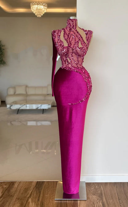 RP543-Gorgeous Purple Mermaid High Neck Sequins Beads Long Sleeves Velvet Long Prom Evening Dresses Formal Party Gowns