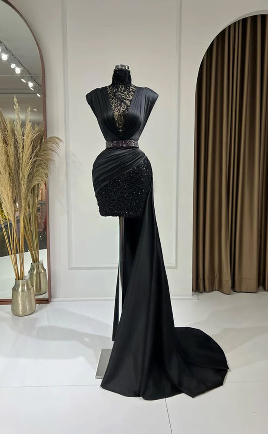 RP336-Black Sheath/Column High Neck Appliqued Beaded Pleated Cap Sleeves Short Prom Evening Dresses Formal Party Gowns With Train