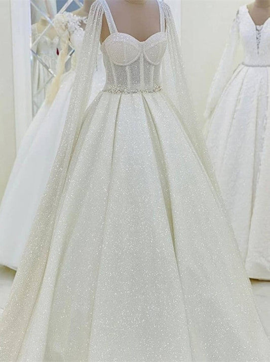 Elegant Ball Gown Spaghetti Sequins Beads Sleeveless Sweep Train Tulle Bridal Gowns Custom Made