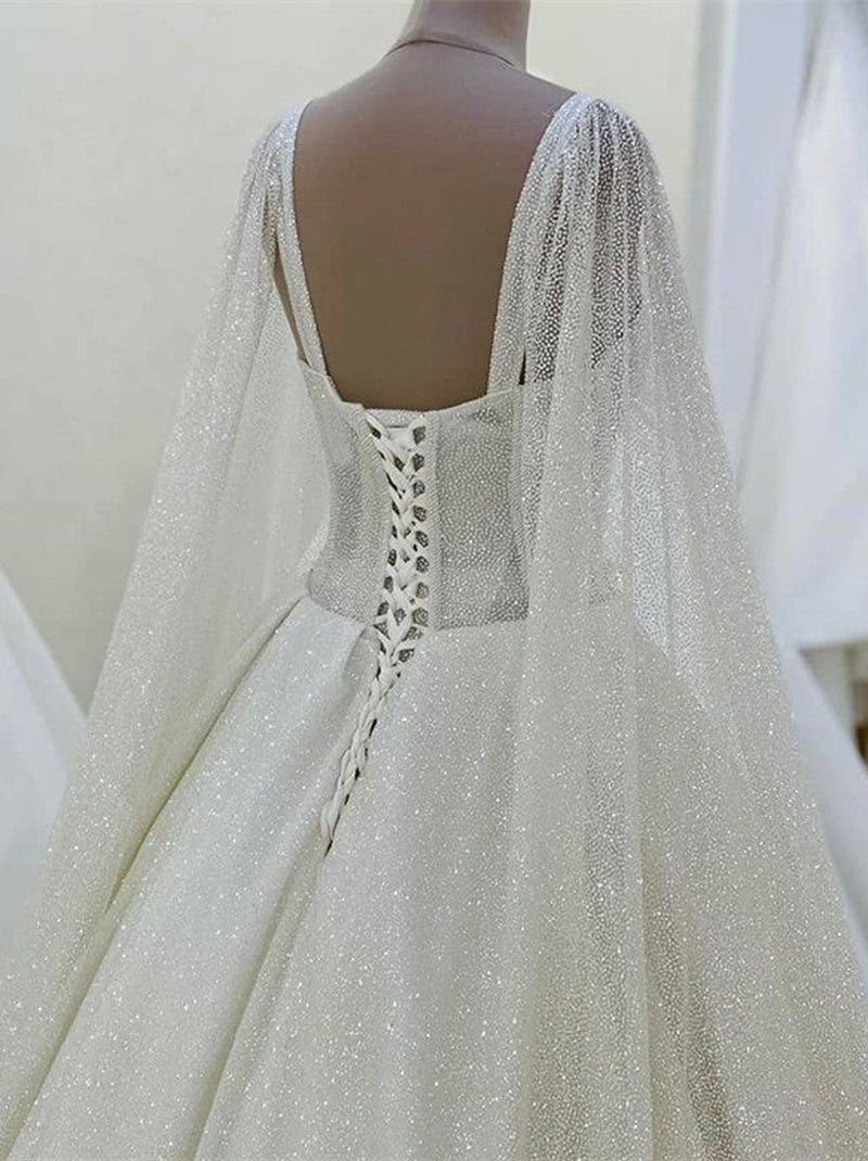 Elegant Ball Gown Spaghetti Sequins Beads Sleeveless Sweep Train Tulle Bridal Gowns Custom Made