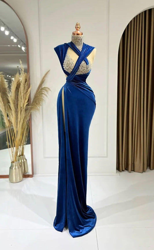 RP337-Royal Blue Mermaid High Neck Beaded Crystals Pleated Prom Evening Dresses Formal Party Gowns With Slit