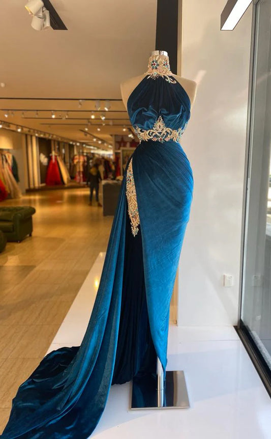 RP544-Gorgeous Blue Mermaid High Neck Beads Crystals Appliqued Sleeveless Velvet Long Prom Evening Dresses Formal Party Gowns With Slit