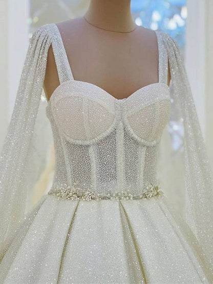 Elegant Ball Gown Spaghetti Sequins Beads Sleeveless Sweep Train Tulle Bridal Gowns Custom Made