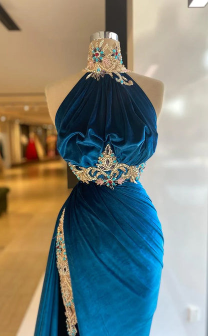 RP544-Gorgeous Blue Mermaid High Neck Beads Crystals Appliqued Sleeveless Velvet Long Prom Evening Dresses Formal Party Gowns With Slit