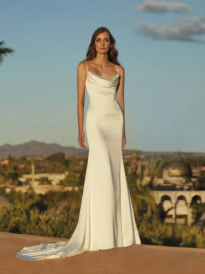 Simple & Charming Mermaid Wedding Dresses Spaghetti Beads Pleated Sleeveless Satin Sweep Train Bridal Gowns Custom Made