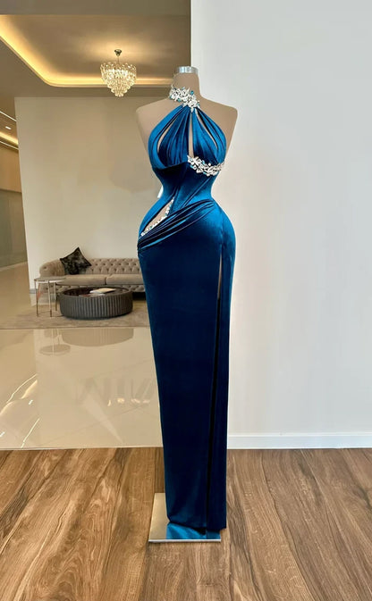 RP545-Gorgeous Blue Mermaid High Neck Beads Crystals Sleeveless Velvet Long Prom Evening Dresses Formal Party Gowns With Slit