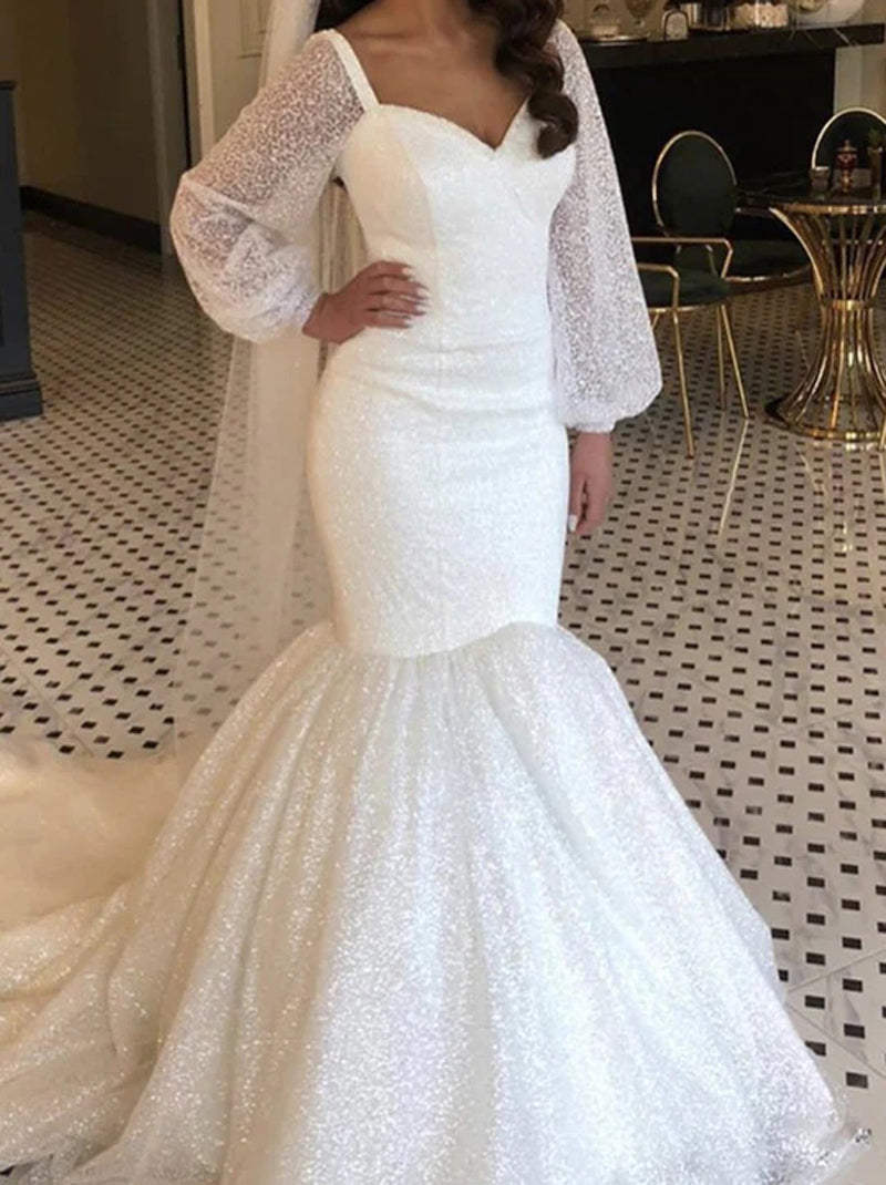 Sexy Mermaid Wedding Dress Spaghetti Sequins Lace Up Long Sleeves Sweep Train Tulle Bridal Gowns Custom Made