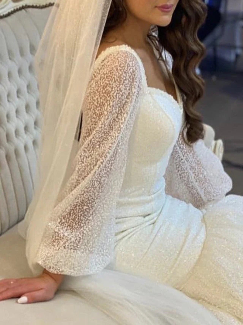 Sexy Mermaid Wedding Dress Spaghetti Sequins Lace Up Long Sleeves Sweep Train Tulle Bridal Gowns Custom Made