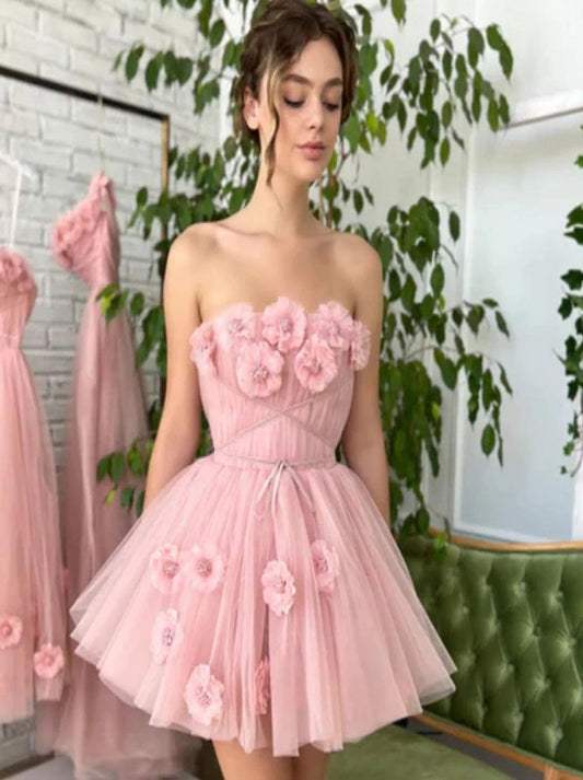 Cute Two Styles Elegant Strapless Sleeveless Appliques Pink Mini Tea Length Dress 3D Flowers Zipper Back Women Clothing Homecoming Dresses Party Graduation Dresses Cocktail Prom Gown With Zipper Customized